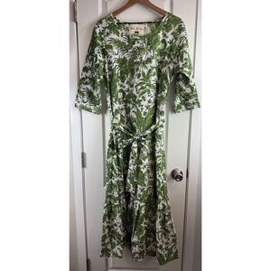 Fox & Hen Women's Green & White Floral Print Maxi Dress Tie Belt Size L Large